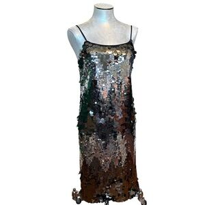 Avec Les Filles Women’s Metallic Sequin Spaghetti Strap Midi Dress Cocktail 10
